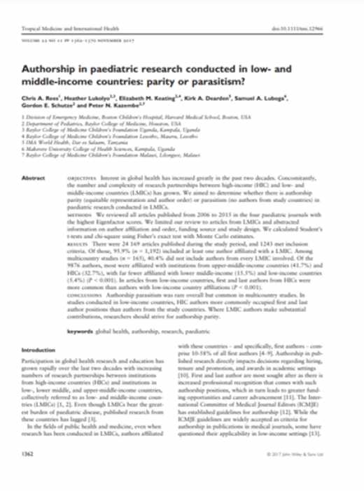 Authorship in paediatric research conducted in low- and middle-income countries: parity or parasitism?