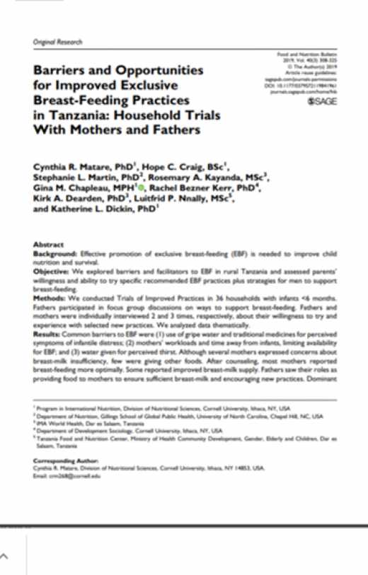 Barriers and opportunities for improved exclusive breastfeeding practices in Tanzania: Household trials with mothers and fathers