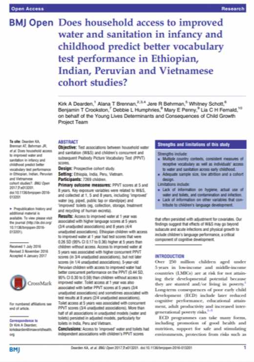Does household access to improved water and sanitation in infancy and childhood predict better vocabulary test performance in Ethiopian, Indian, Peruvian, and Vietnamese cohort studies?