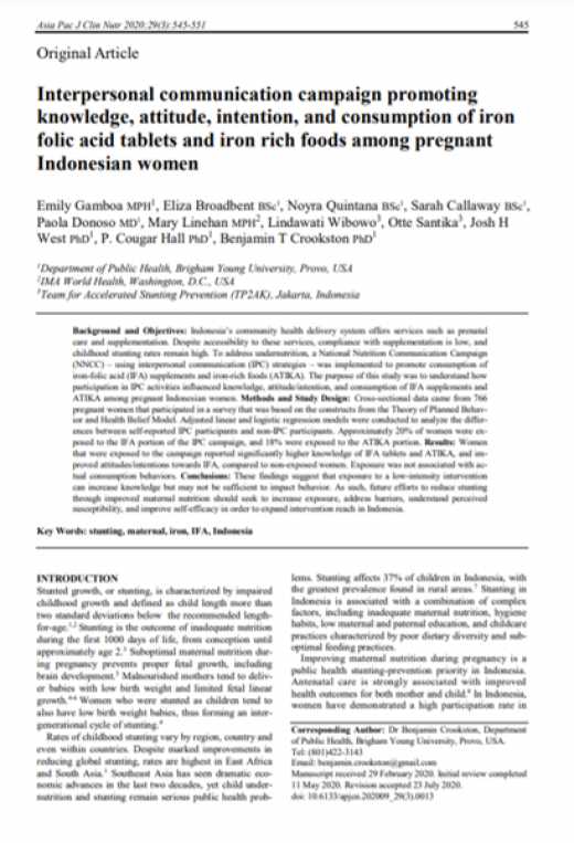 Interpersonal communication campaign promoting knowledge, attitude, intention, and consumption of iron folate acid tablets and iron rich foods among pregnant Indonesian women