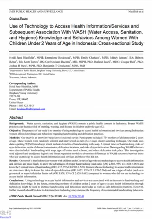Use of Technology to Access Health Information/Services and Subsequent Association With WASH (Water Access, Sanitation, and Hygiene) Knowledge and Behaviors Among Women With Children Under 2 Years of Age in Indonesia: Cross-sectional Study