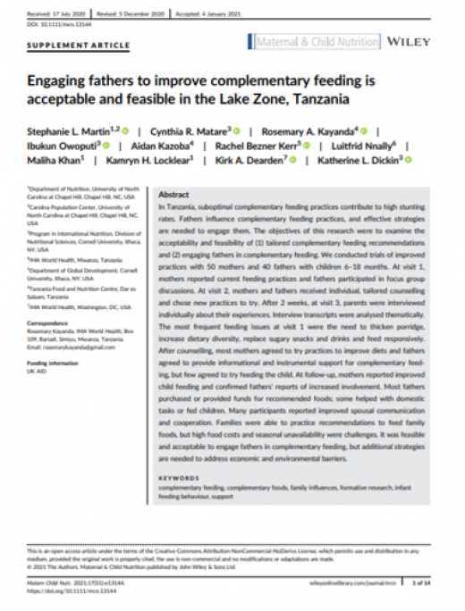 Engaging fathers to improve complementary feeding isacceptable and feasible in the Lake Zone, Tanzania