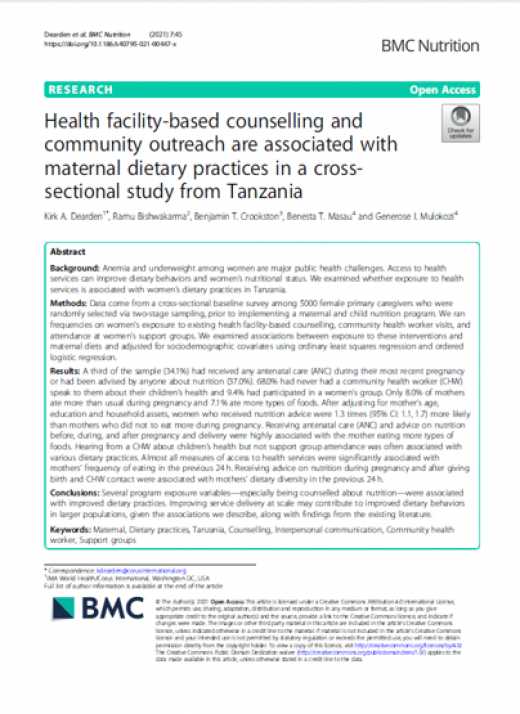 Health-based counselling and community outreach are associated with maternal dietary practices in a cross-sectional study from Tanzania