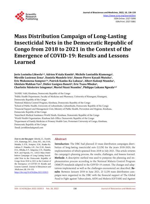 Mass Distribution Campaign of Long-Lasting Insecticidal Nets in the Democratic Republic of Congo from 2018 to 2021 in the Context of the Emergence of COVID-19: Results and Lessons Learned