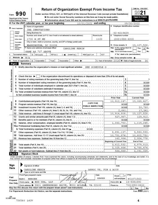 IMA Innovations Finance Form 990 FY22