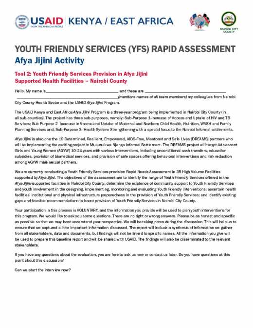 Youth Friendly Services Rapid Assessment for Health Facilities