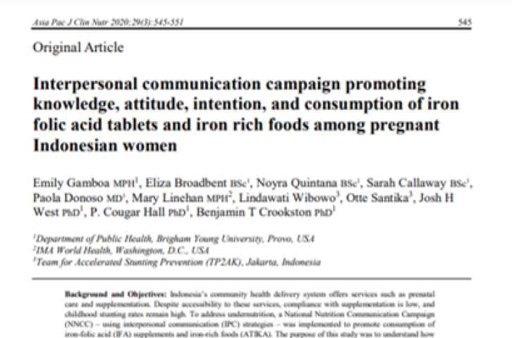Interpersonal communication campaign promoting knowledge, attitude, intention, and consumption of iron folate acid tablets and iron rich foods among pregnant Indonesian women