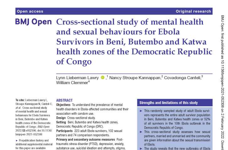 Cross-sectional study of mental health and sexual behaviours for Ebola Survivors in Beni, Butembo and Katwa health zones of the Democratic Republic of Congo 