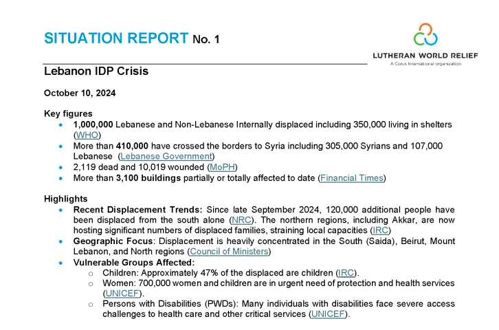 Lebanon IDP Crisis Situation Report No. 1