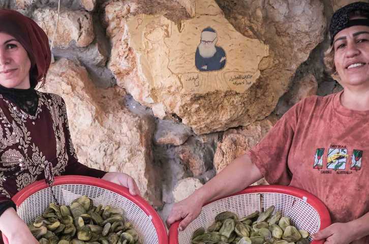 Namsha Salameh (L) and Lydia Yacoub hold baskets of pressed eggplant.
