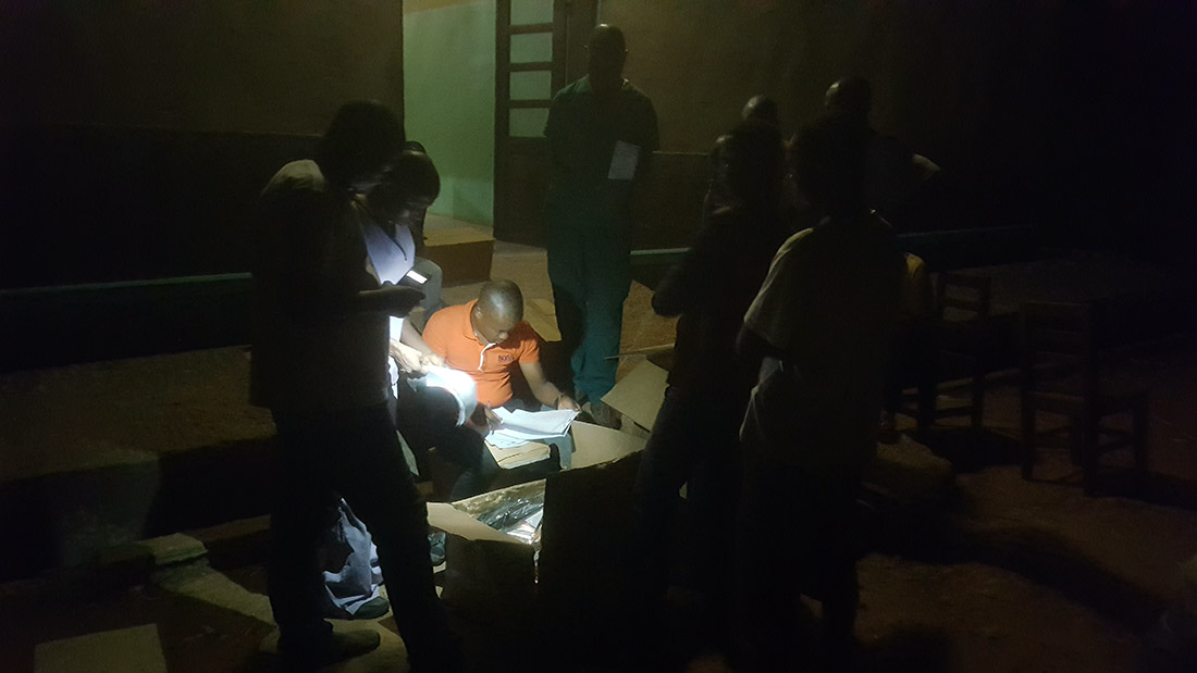 A delivery of medical supplies arrives at night in the Bengamisa Health Zone in July 2017. (Photo by Paulin Kaza/IMA World Health)