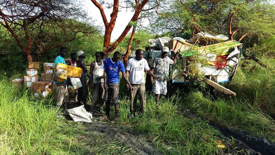 The team transports desperately-needed supplies and medicine to a group of people who had fled violence and settled in Akurwa and Aderi in Kak Payam, South Sudan.